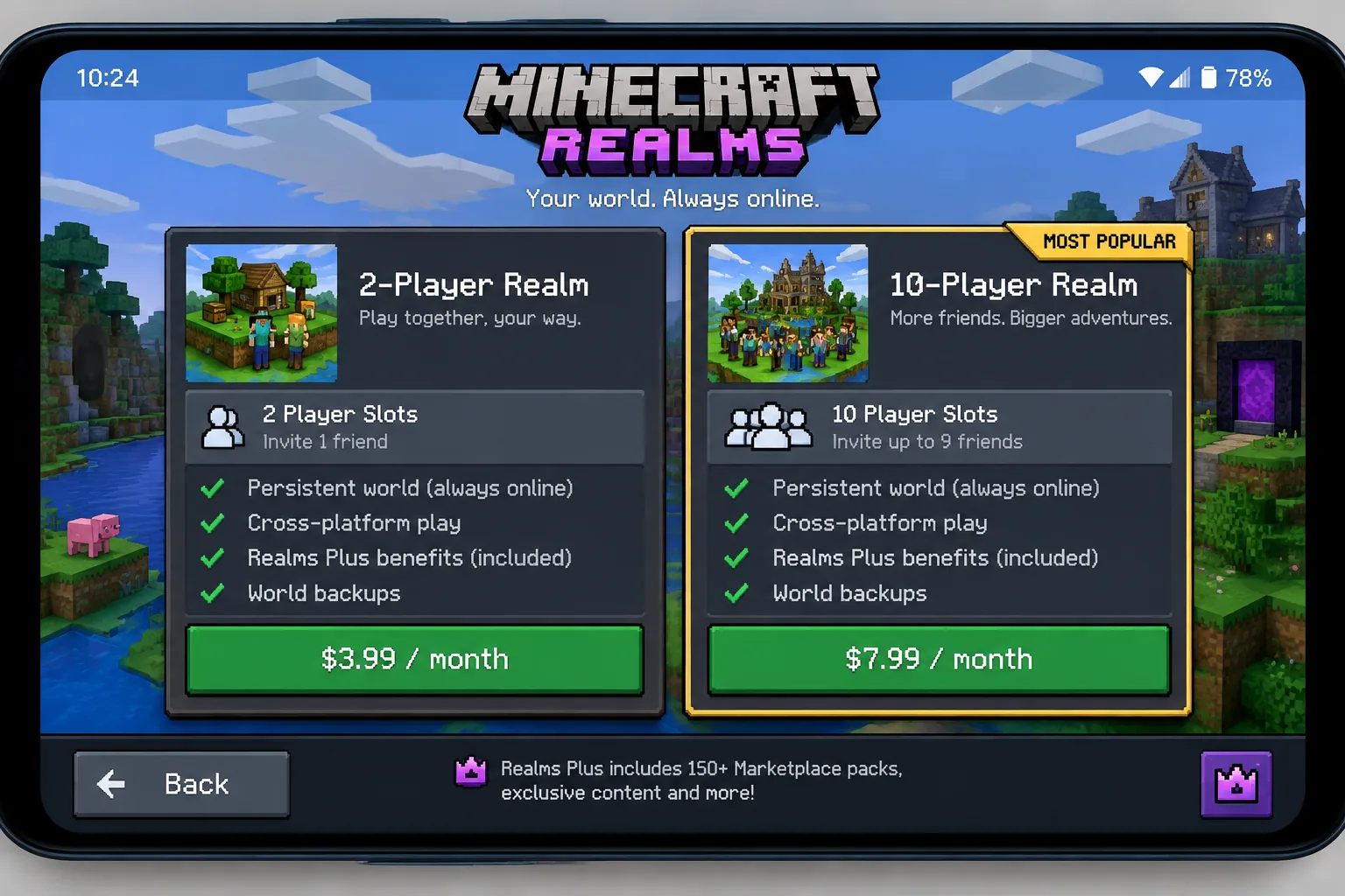Bảng chọn gói đăng ký Minecraft Realms trên điện thoại Android, so sánh giá theo tháng và số lượng người chơi tối đa của