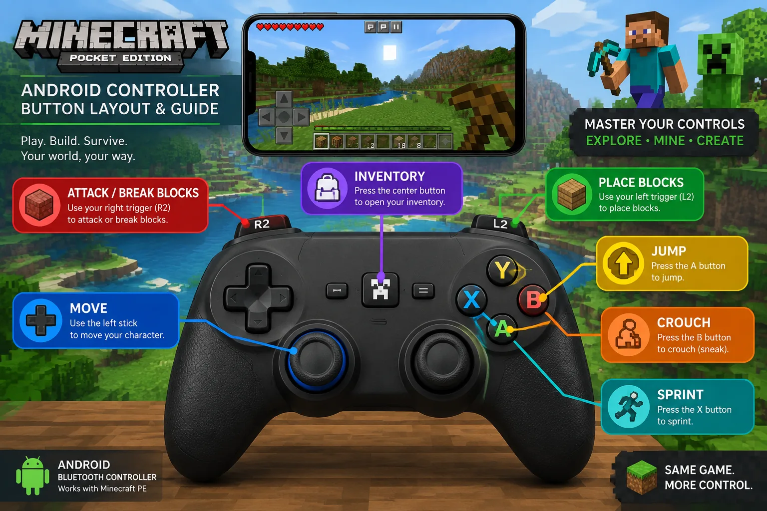 Sơ đồ gán nút cơ bản trên tay cầm Minecraft PE: di chuyển, nhảy, xây dựng, phá hủy khối