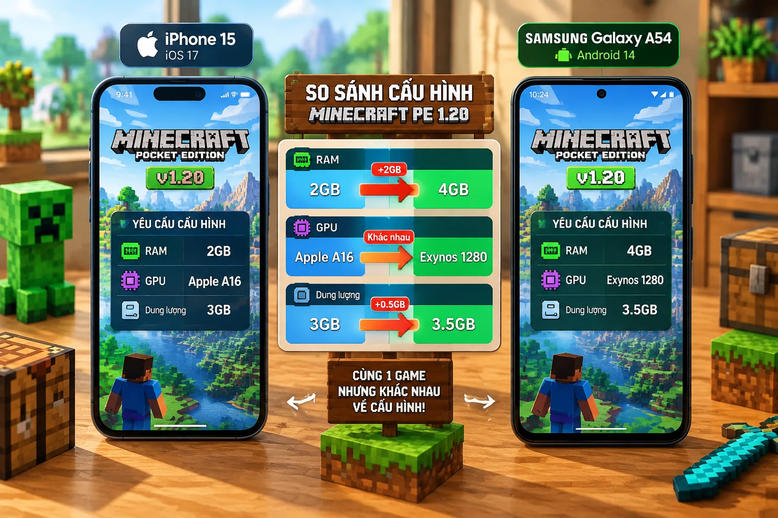 So sánh yêu cầu cấu hình Minecraft PE giữa iPhone và Android