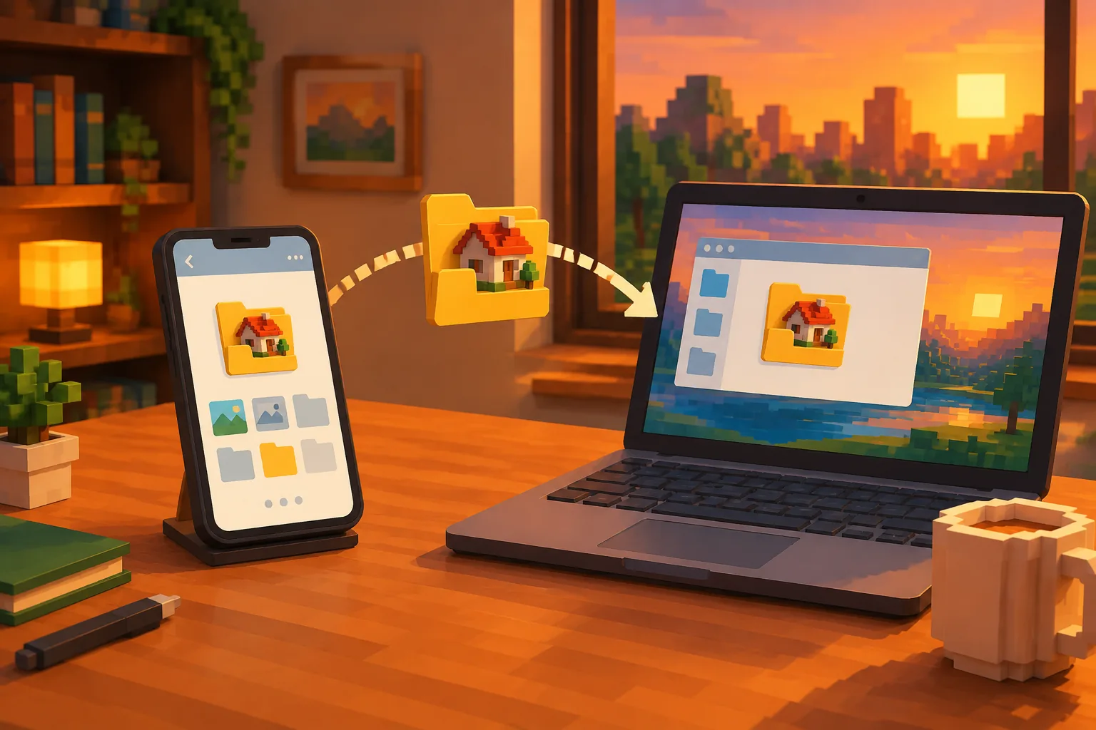 Kéo thư mục world từ điện thoại Android sang laptop để sao lưu trước khi cài Minecraft PE 1.21.50