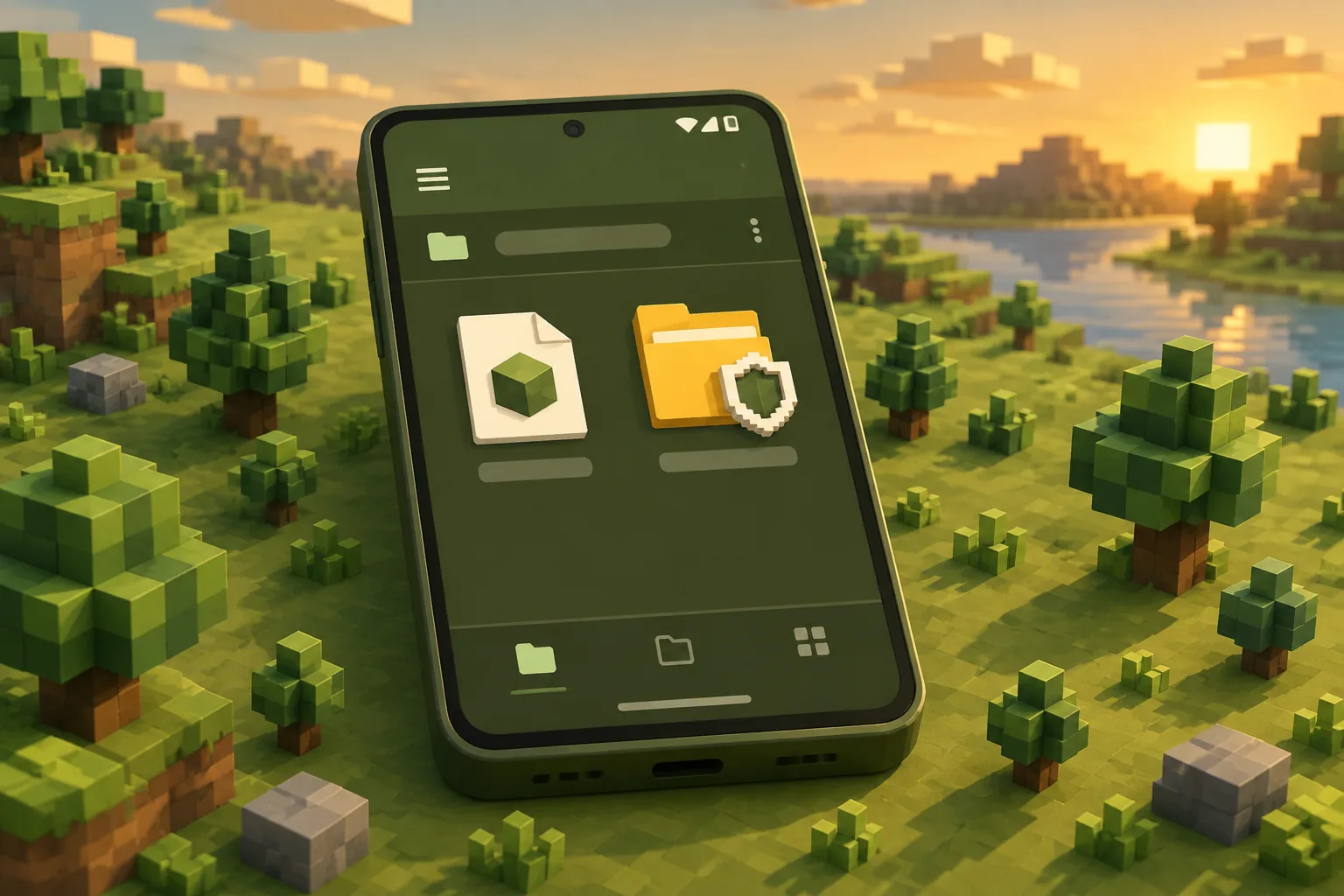 Trình quản lý file trên điện thoại Android với file APK và thư mục world được khoanh bảo vệ riêng trước khi cài Minecraft PE 1.21.20