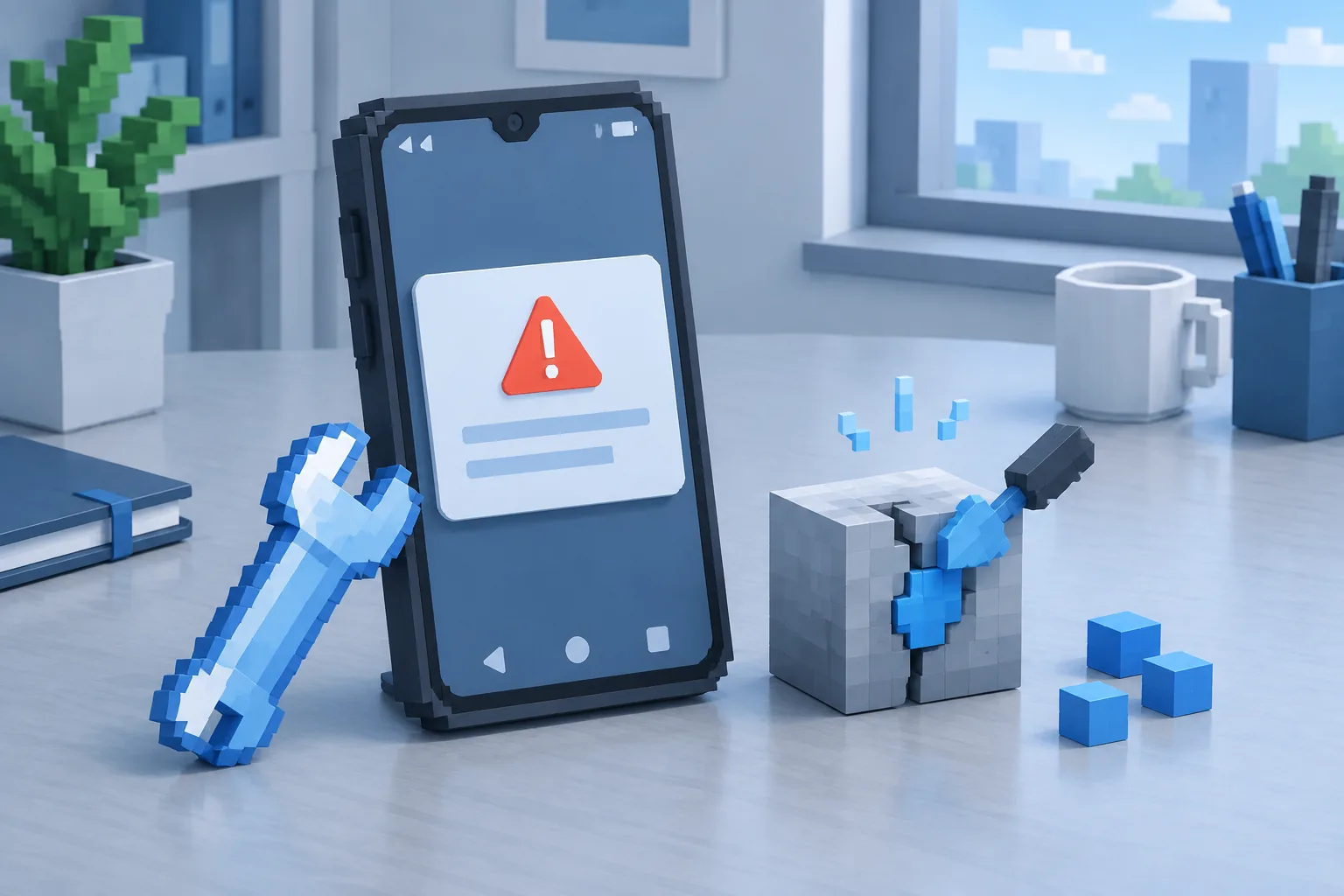 Hộp thoại cảnh báo trên điện thoại Android cạnh cờ lê sửa chữa, minh hoạ cách xử lý lỗi khi cài Minecraft PE 1.21.60